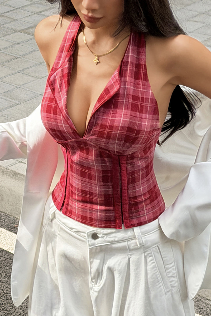 Plaid Halter Neck Tank Top