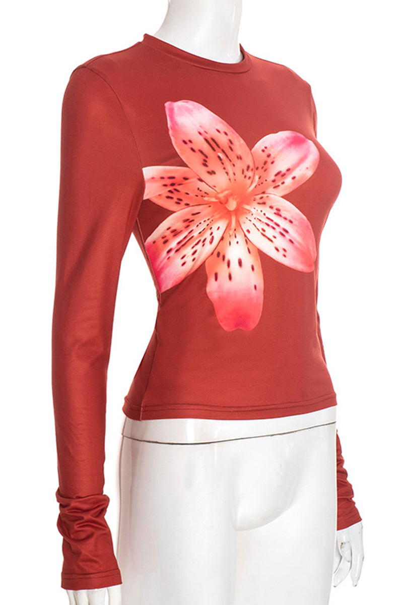 Floral Print Long Sleeve Bodycon Top