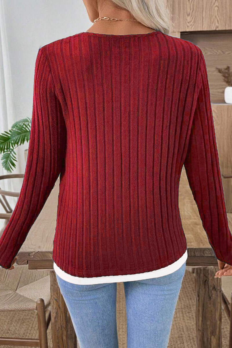 Ribbed Button Detail Long Sleeve Top