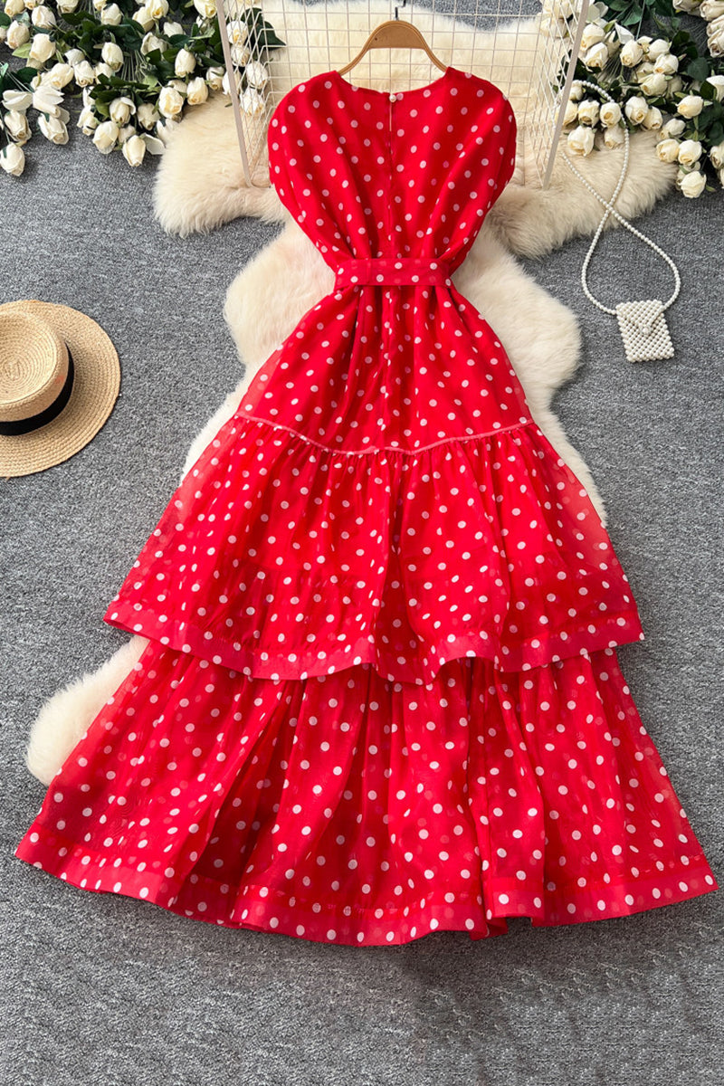 Polka Dot Sleeveless Tiered Casual Dress