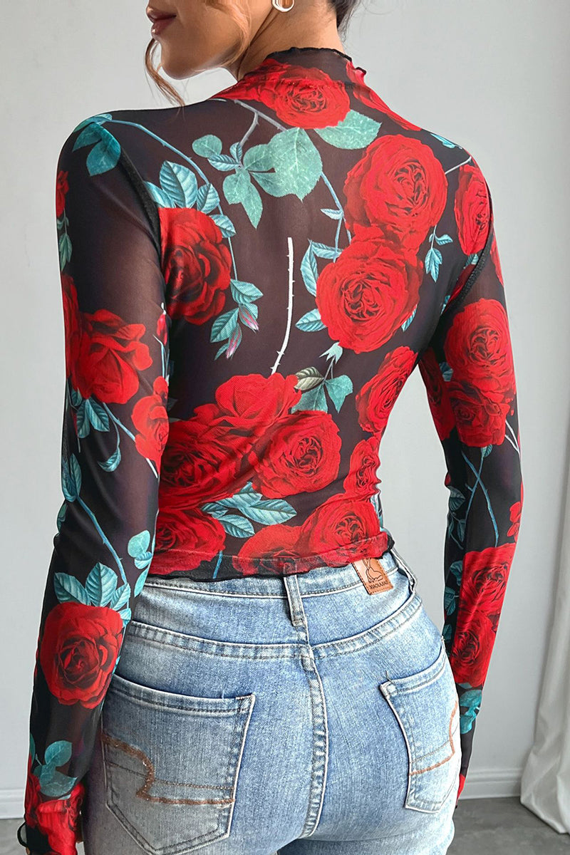Floral Long Sleeve Bodycon T-Shirt