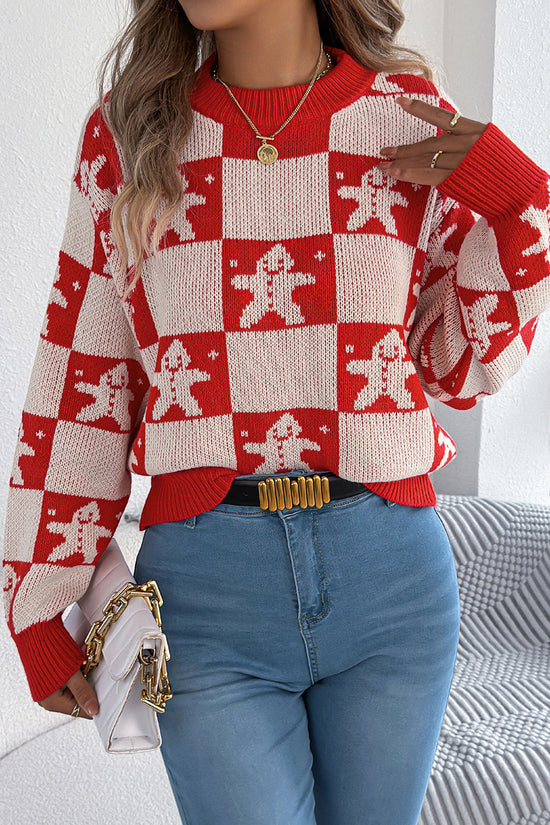 Festive Checkered Sweater with Gingerbread Design