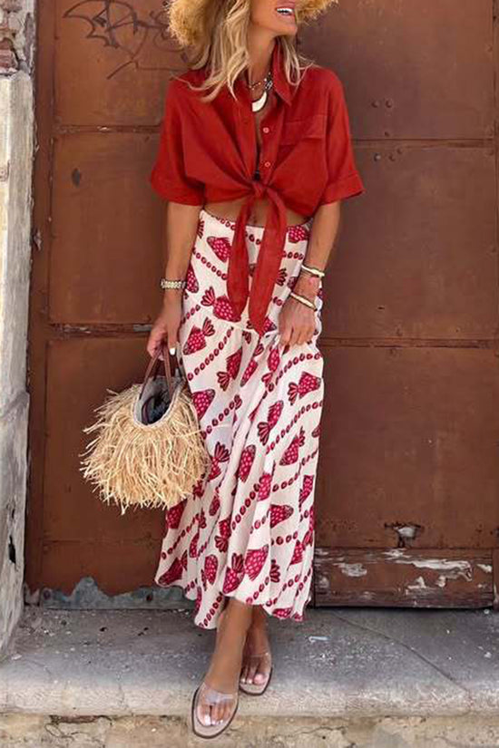 Fish Print Midi Skirt with Patterned Detail