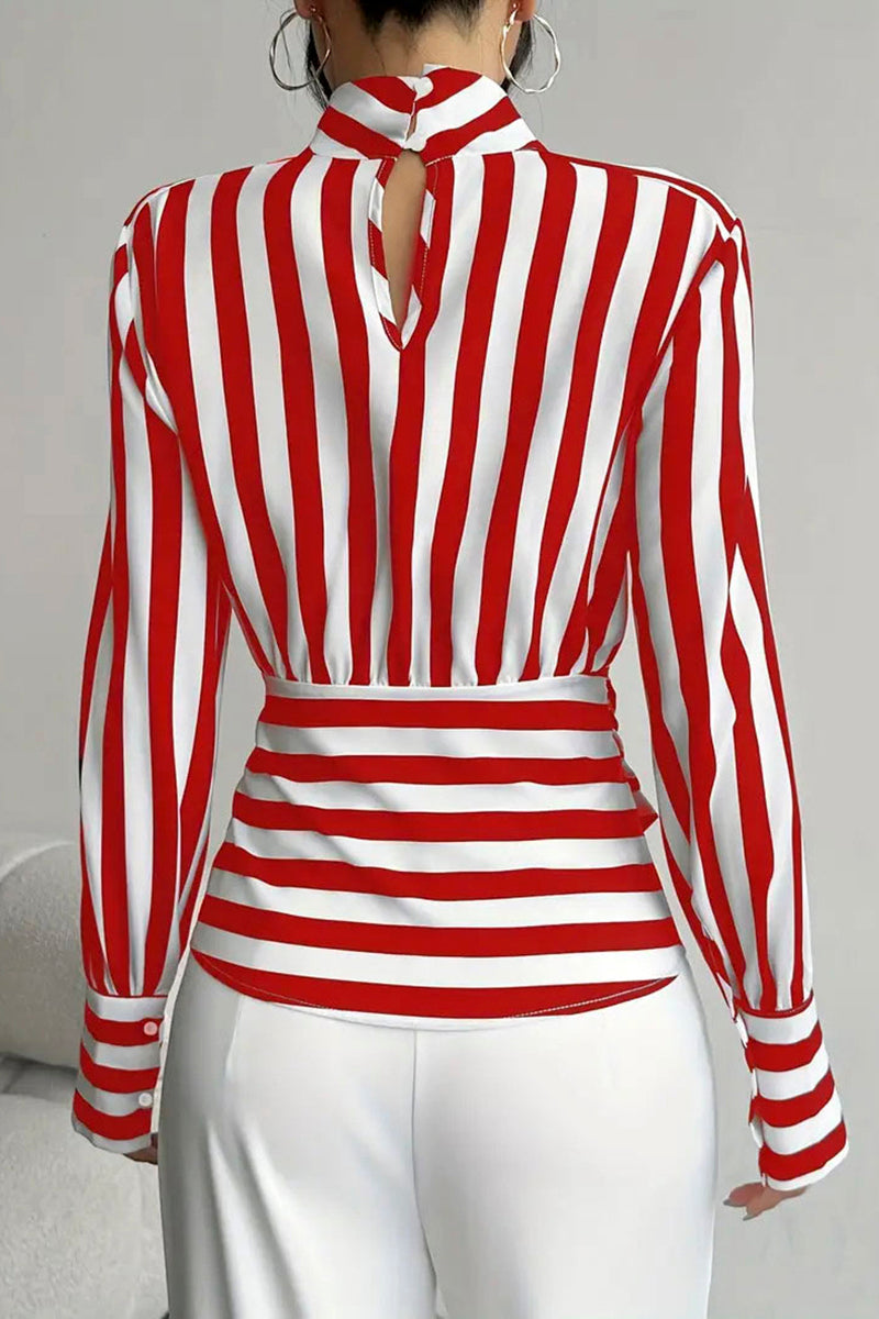 Striped Wrap Long Sleeve Blouse