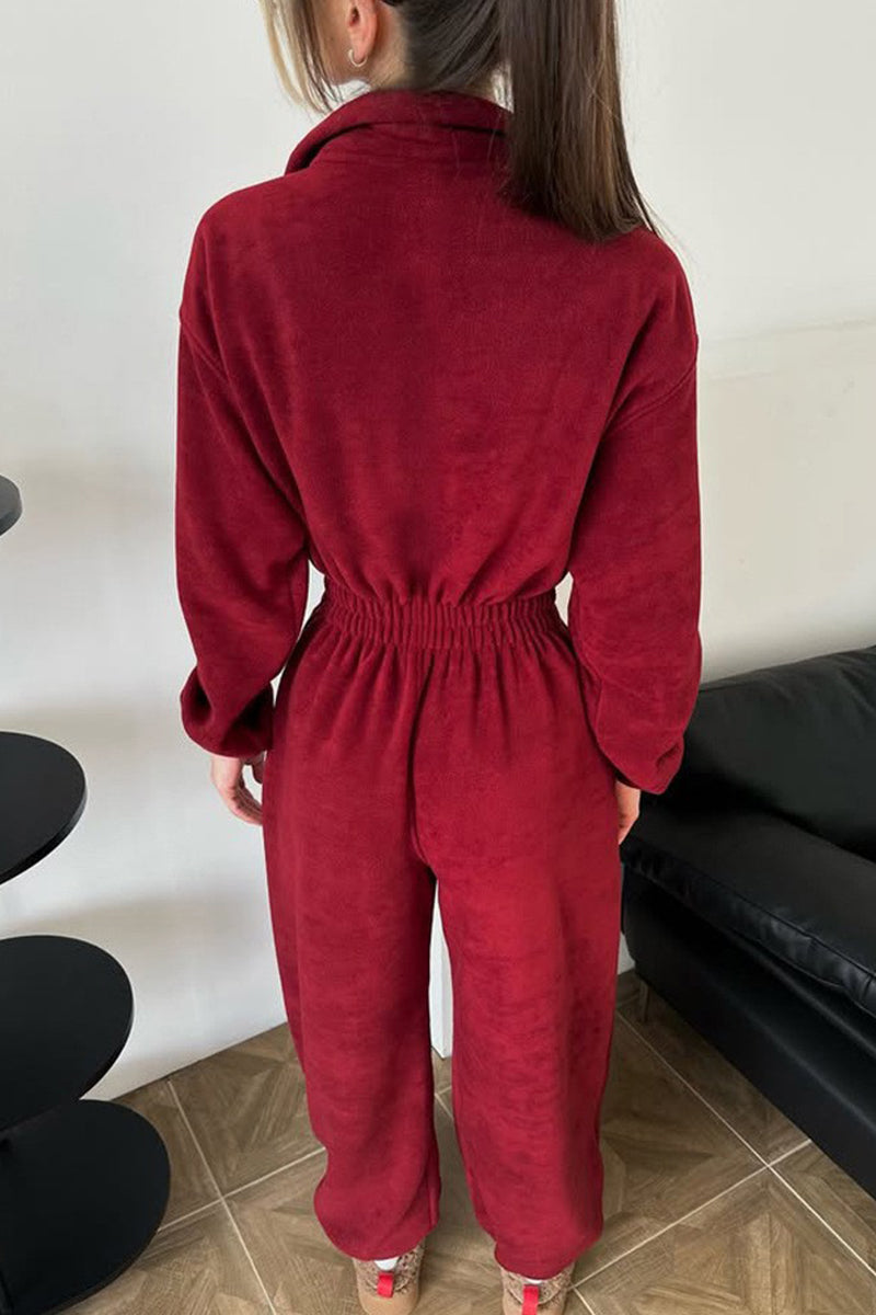 Cozy Zip-Up Jumpsuit with Elastic Waist
