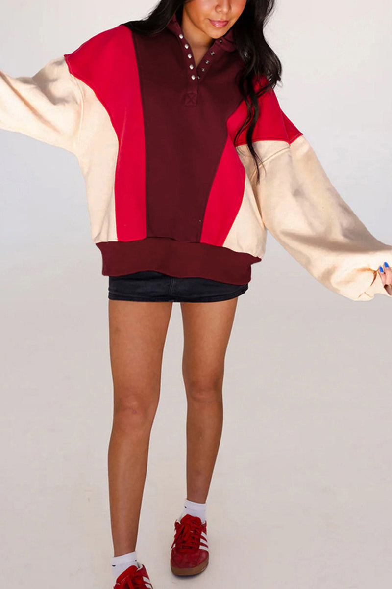 Colorblock Snap Neck Sweatshirt