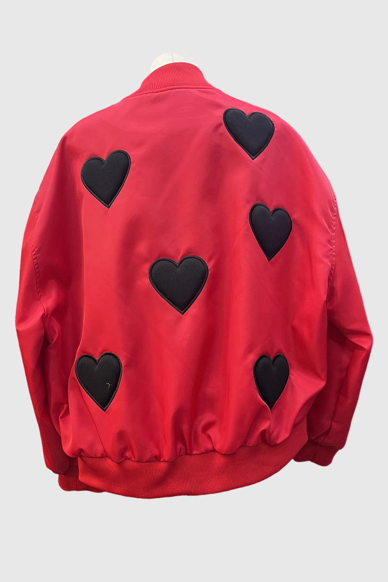 Heart Patterned Zip-Up Bomber Jacket