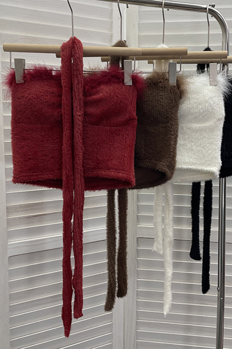 Fuzzy Off-Shoulder Tank Top with Scarf