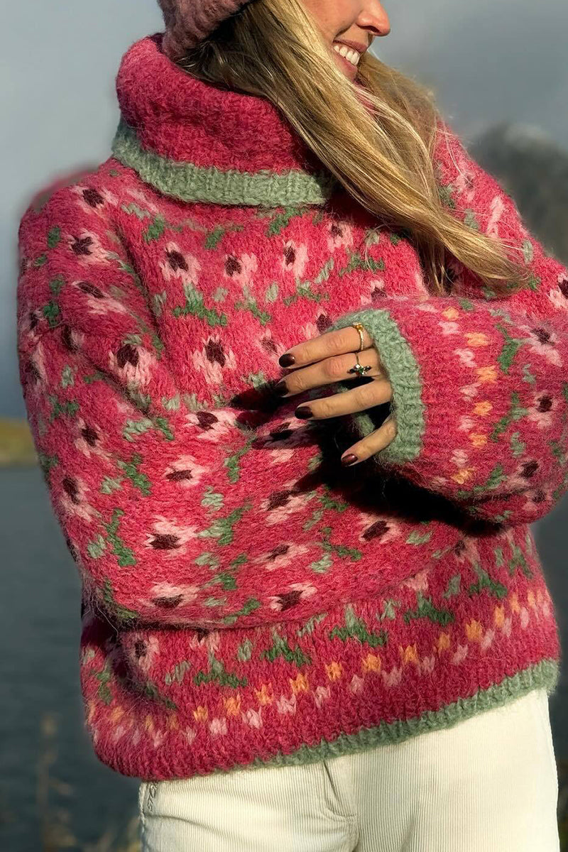 Cozy Floral Knit Turtleneck Sweater