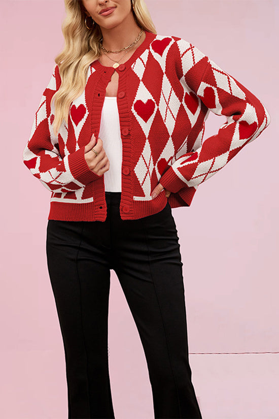 Heart Argyle Button-Up Cardigan