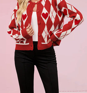 Heart Argyle Button-Up Cardigan