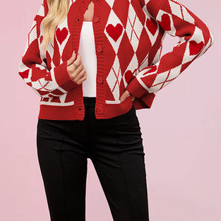 Heart Argyle Button-Up Cardigan