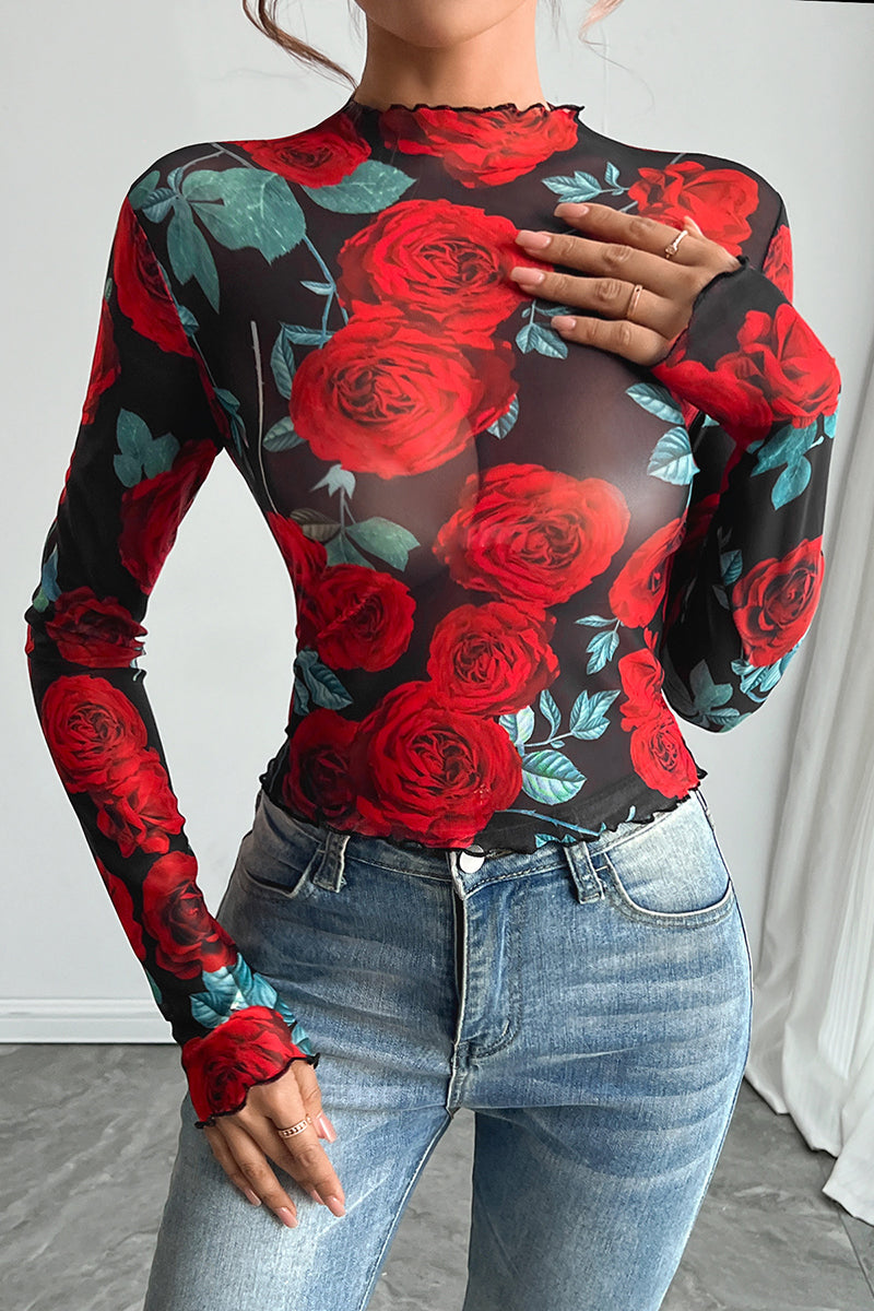 Floral Long Sleeve Bodycon T-Shirt