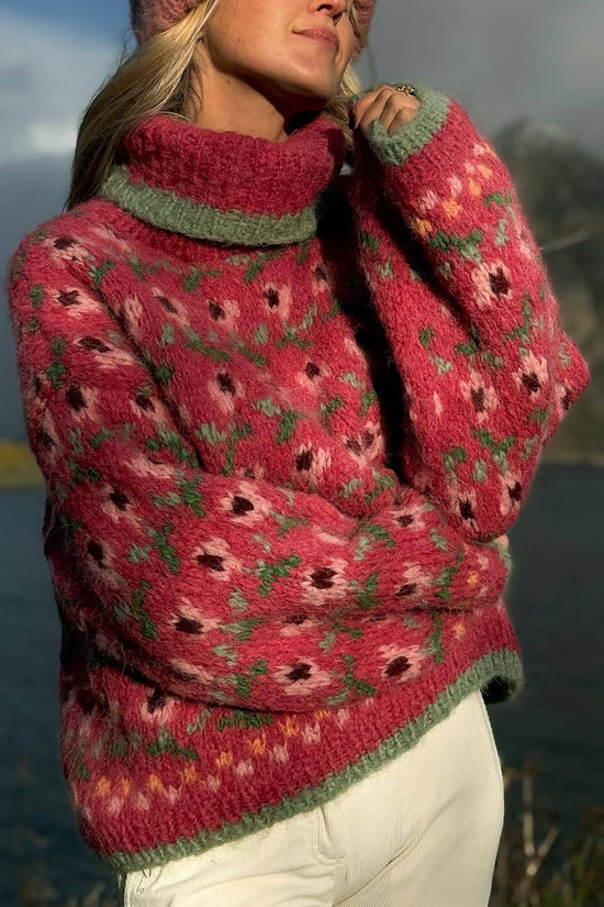 Cozy Floral Knit Turtleneck Sweater