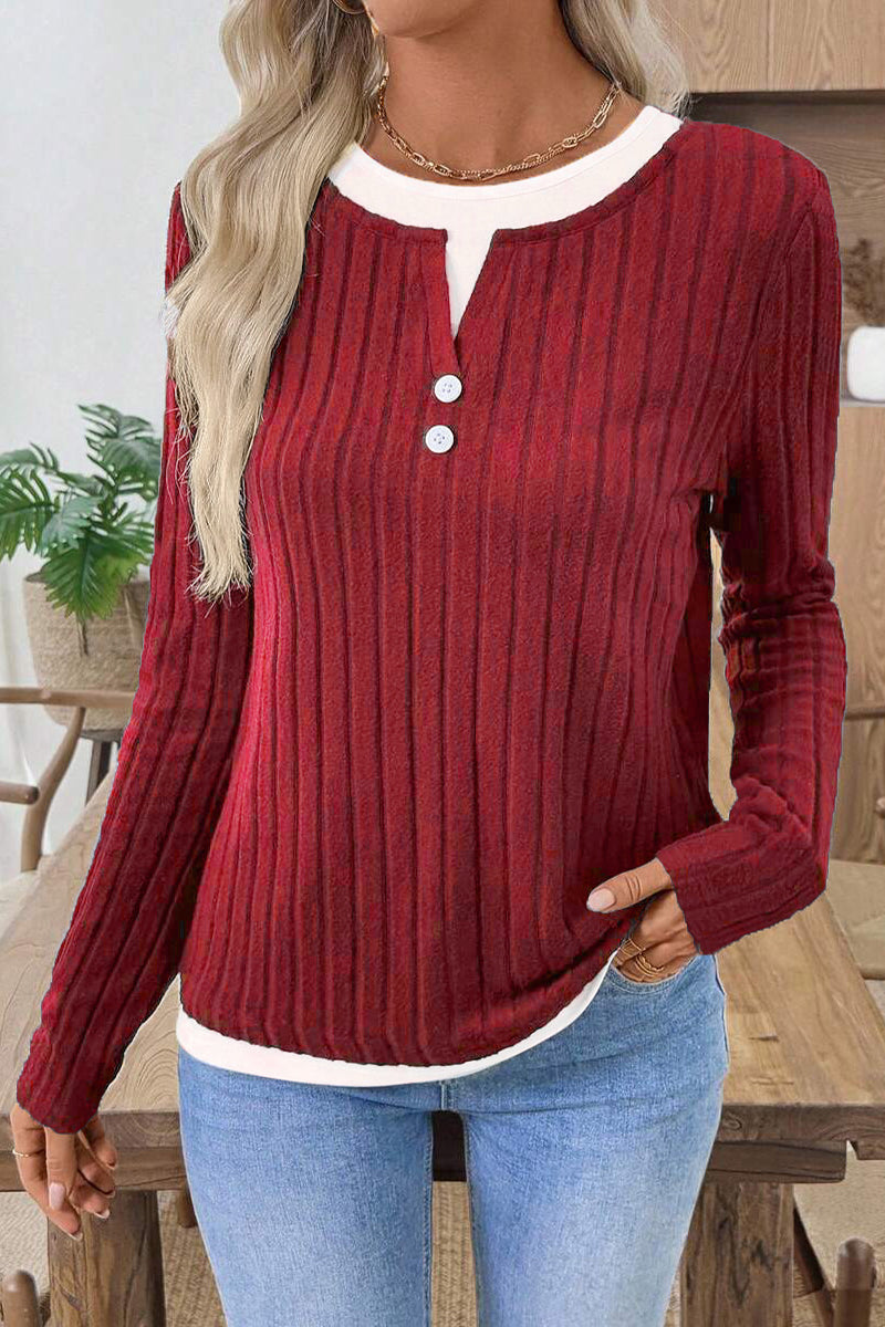 Ribbed Button Detail Long Sleeve Top