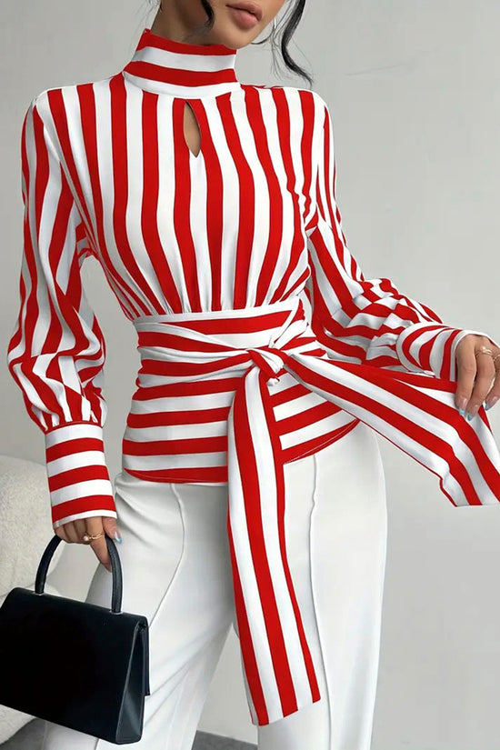 Striped Wrap Long Sleeve Blouse