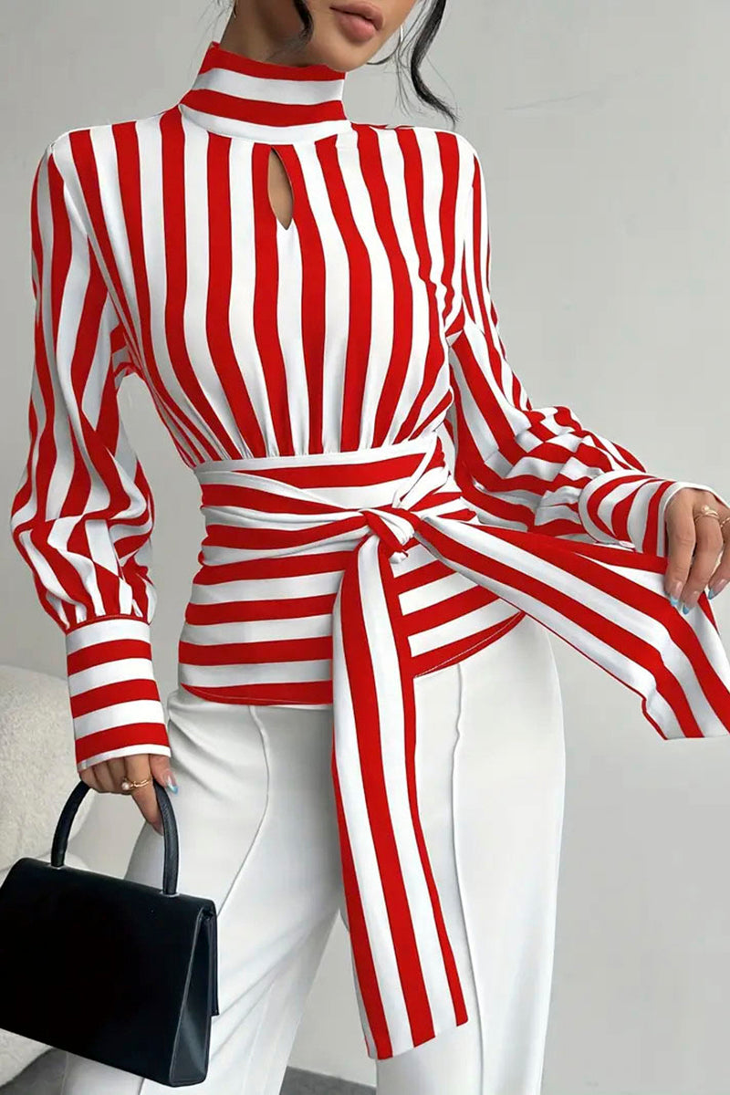 Striped Wrap Long Sleeve Blouse