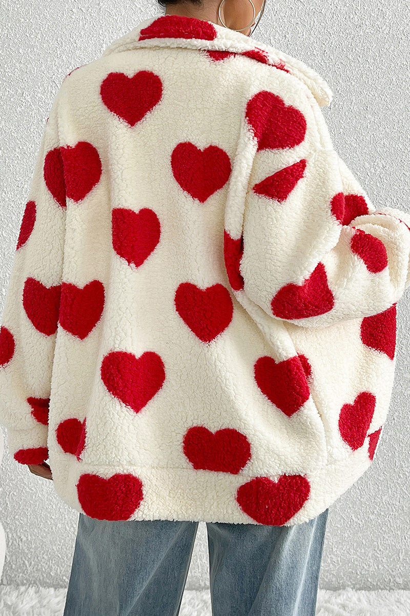 Heart Pattern Zip-Up Fleece Jacket
