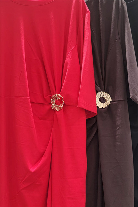 Elegant Ruched Midi Dress with Brooch