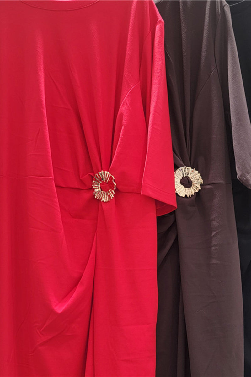 Elegant Ruched Midi Dress with Brooch
