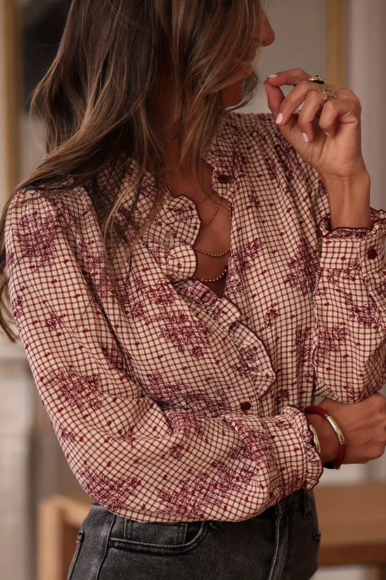 Checkered Print Ruffle Blouse