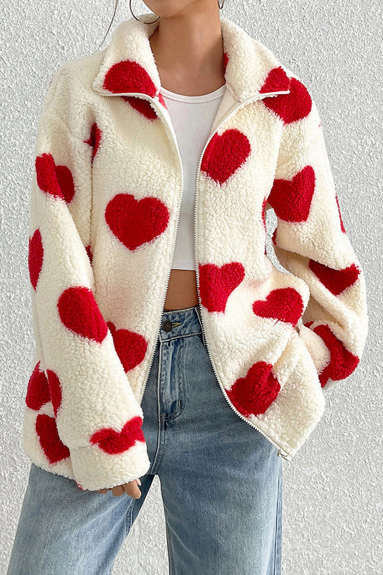 Heart Patterned Cozy Zip-Up Coat