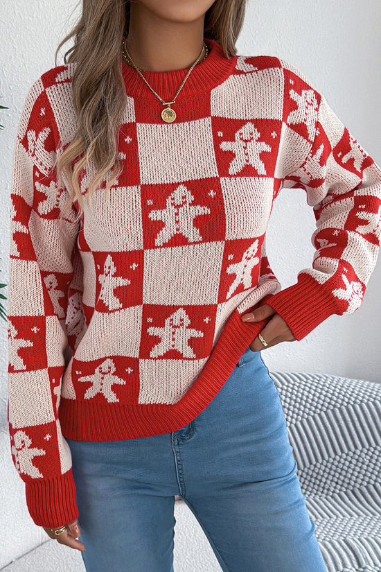 Festive Checkered Sweater with Gingerbread Design