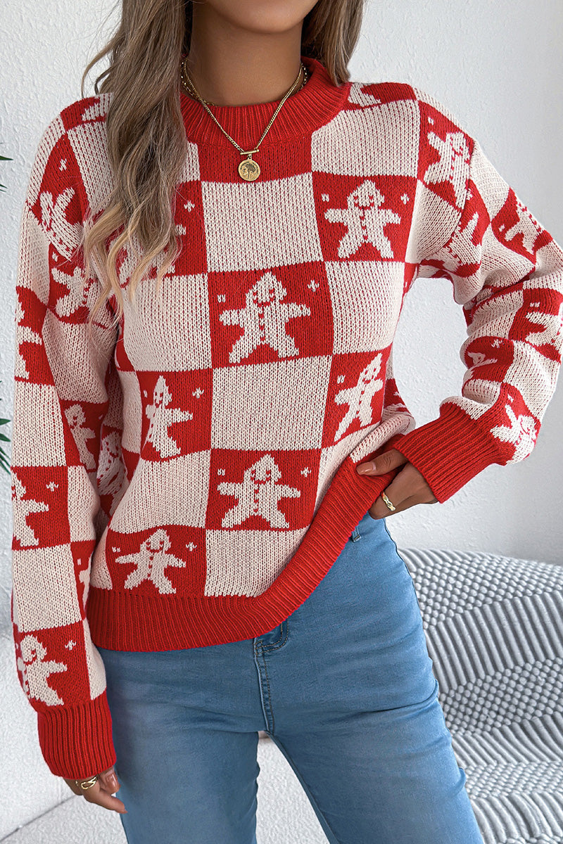 Festive Checkered Sweater with Gingerbread Design
