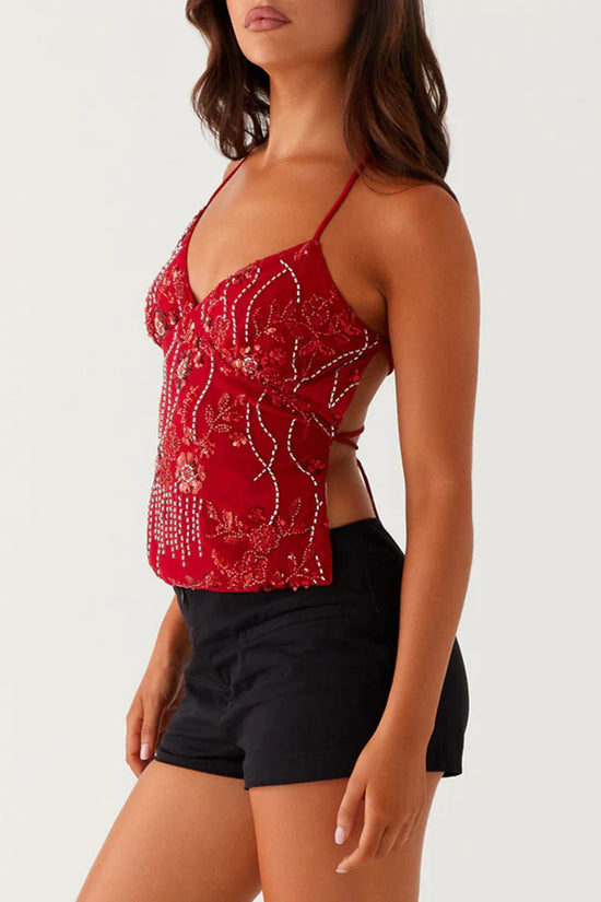 Floral Sequin Strappy Cami Top