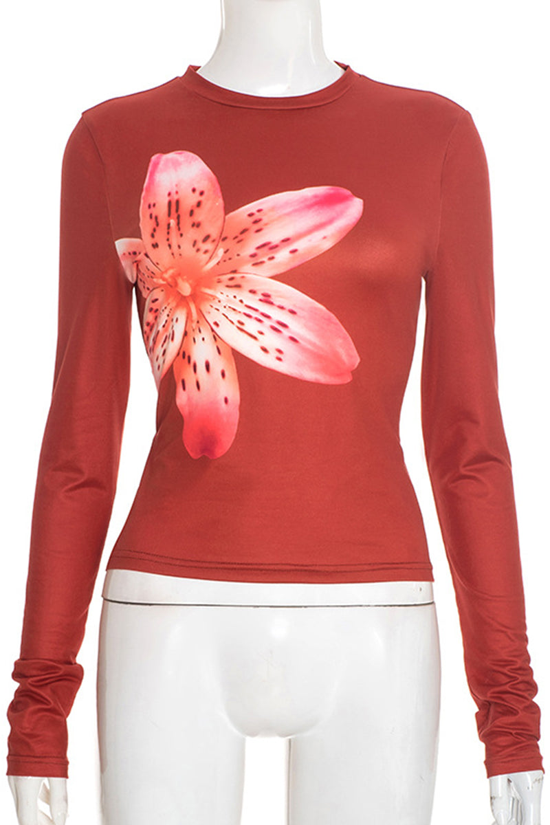 Floral Print Long Sleeve Bodycon Top