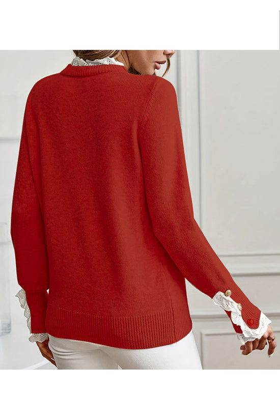 Elegant Lace Trim Sweater with Button Cuffs