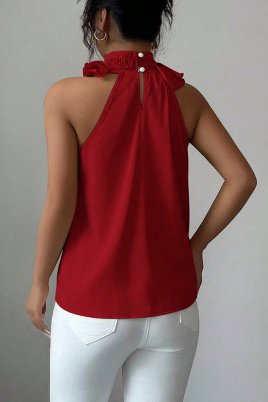 Ruffled High Neck Sleeveless Blouse
