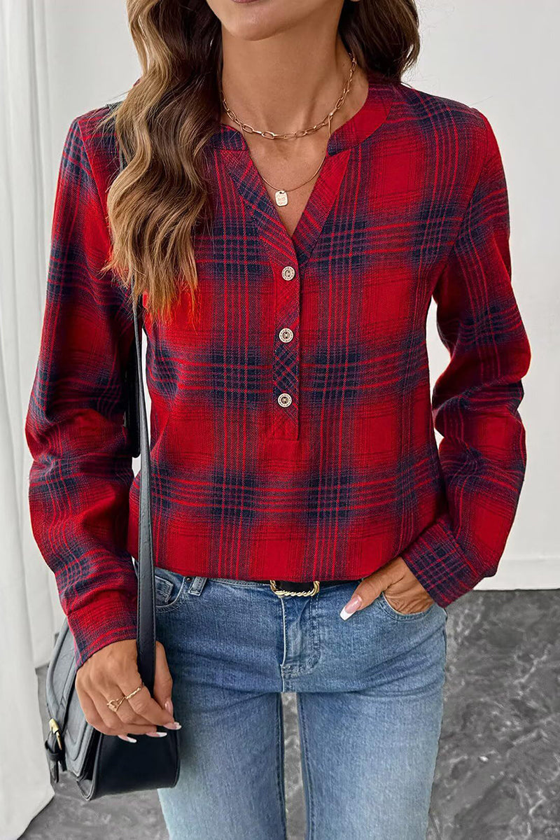 Plaid Button-Up Casual Blouse