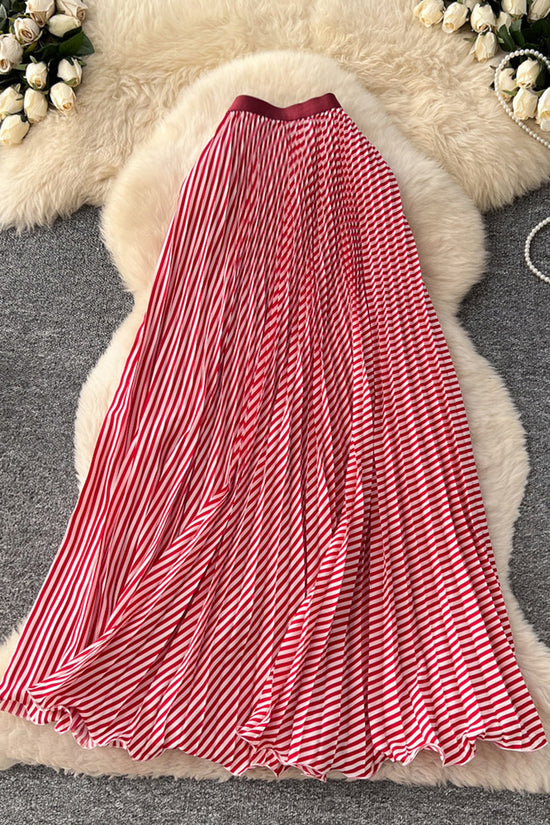 Striped Pleated Midi Skirt