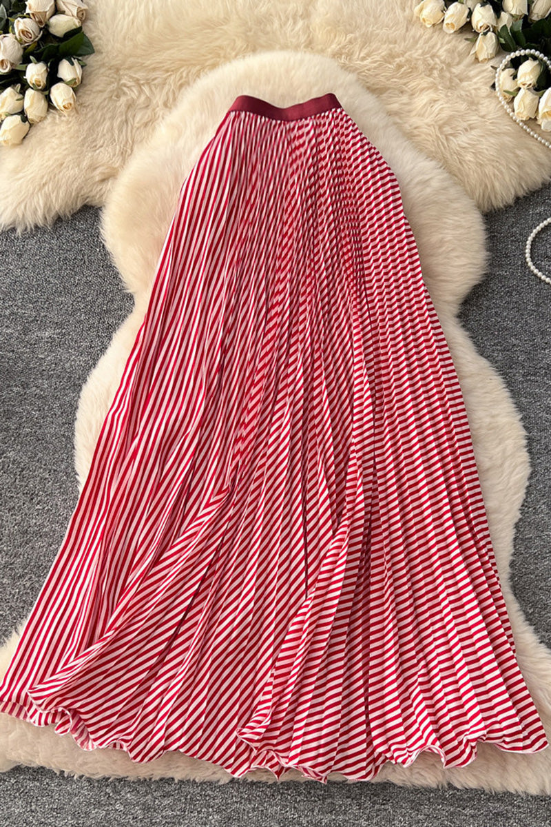 Striped Pleated Midi Skirt