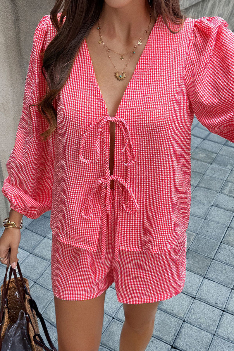 V-Neck Bow Tie Shorts Set