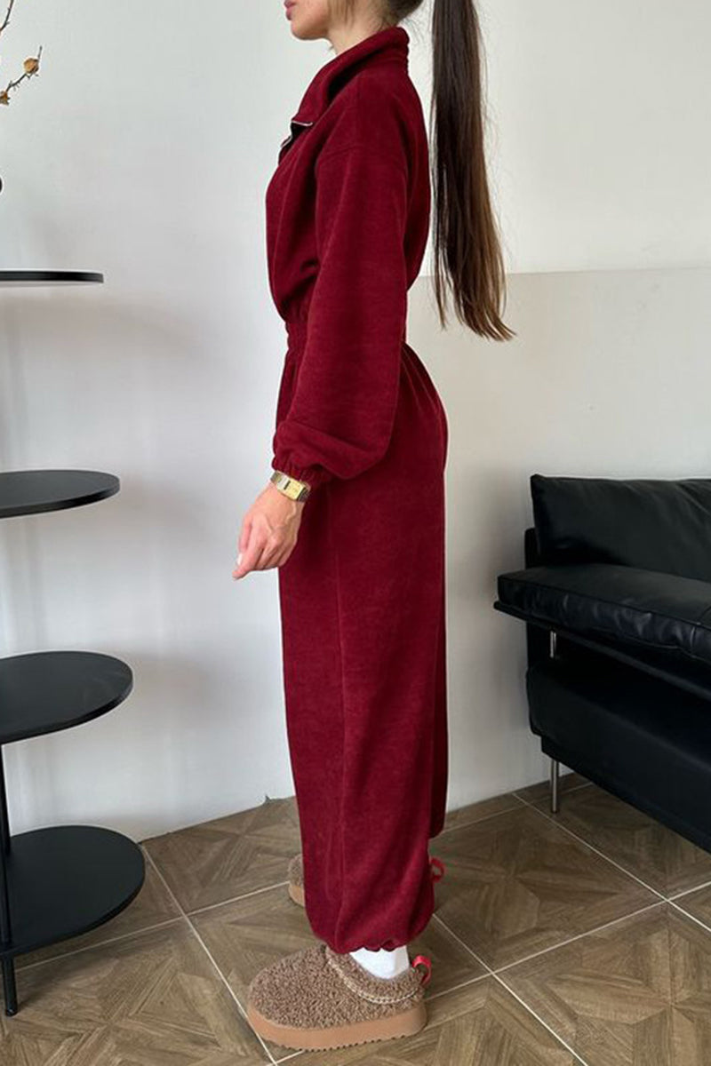 Cozy Zip-Up Jumpsuit with Elastic Waist