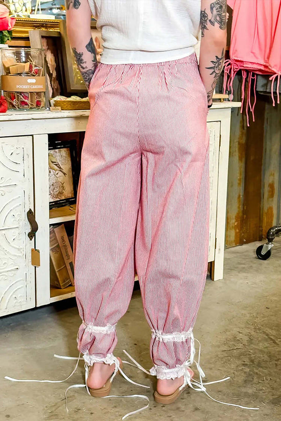 Stripe Lace Ribbon Detail Wide Leg Pants