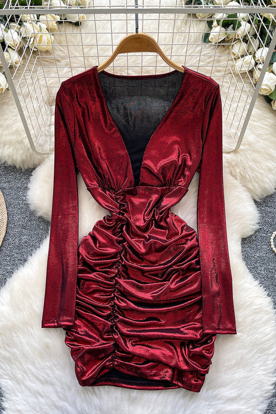 Ruched Deep V-Neck Casual Dress