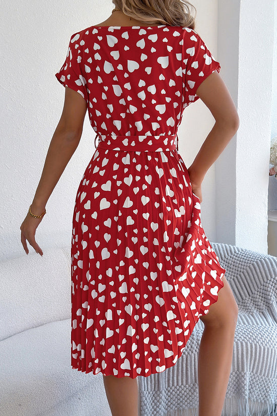 Heart Print Belted Casual Dress