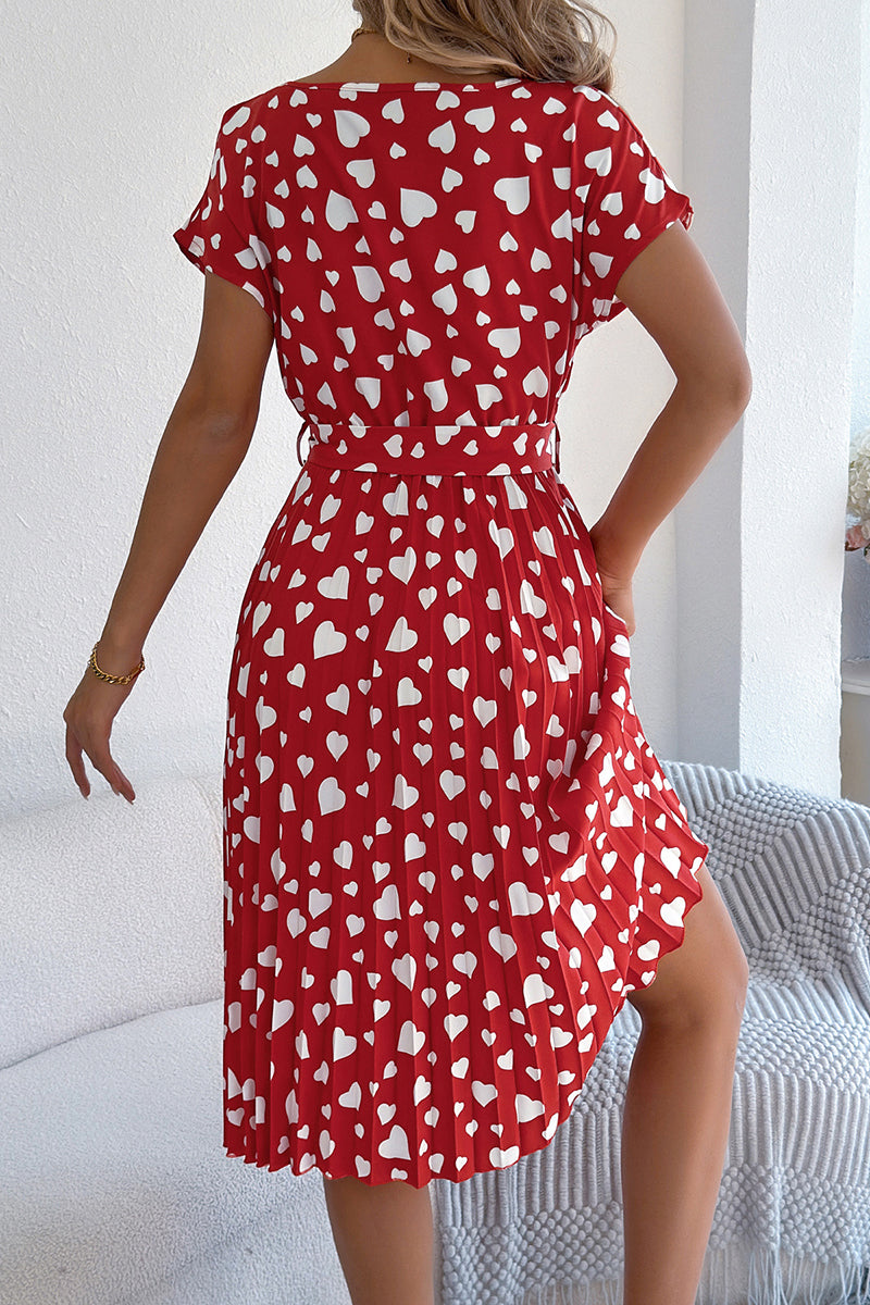 Heart Print Belted Casual Dress