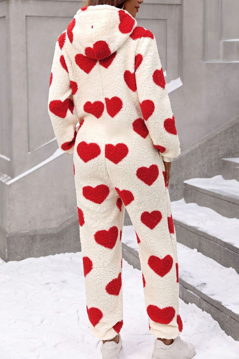 Cozy Heart Pattern Hooded Jumpsuit