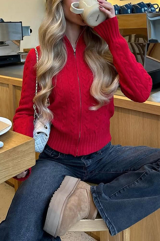 Cable Knit Zip-Up Cardigan