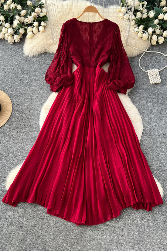 Lace Lantern Sleeve Pleated Dress