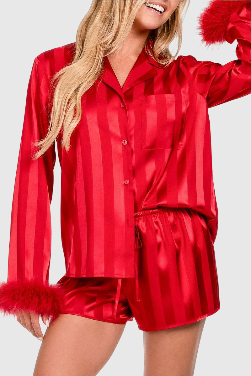 Feather Trim Button-Down Loungewear Set