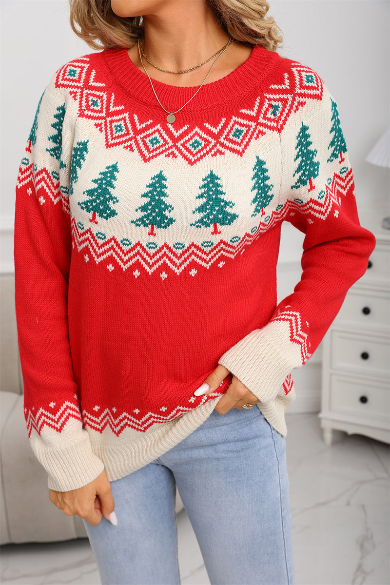 Festive Tree Pattern Knit Sweater
