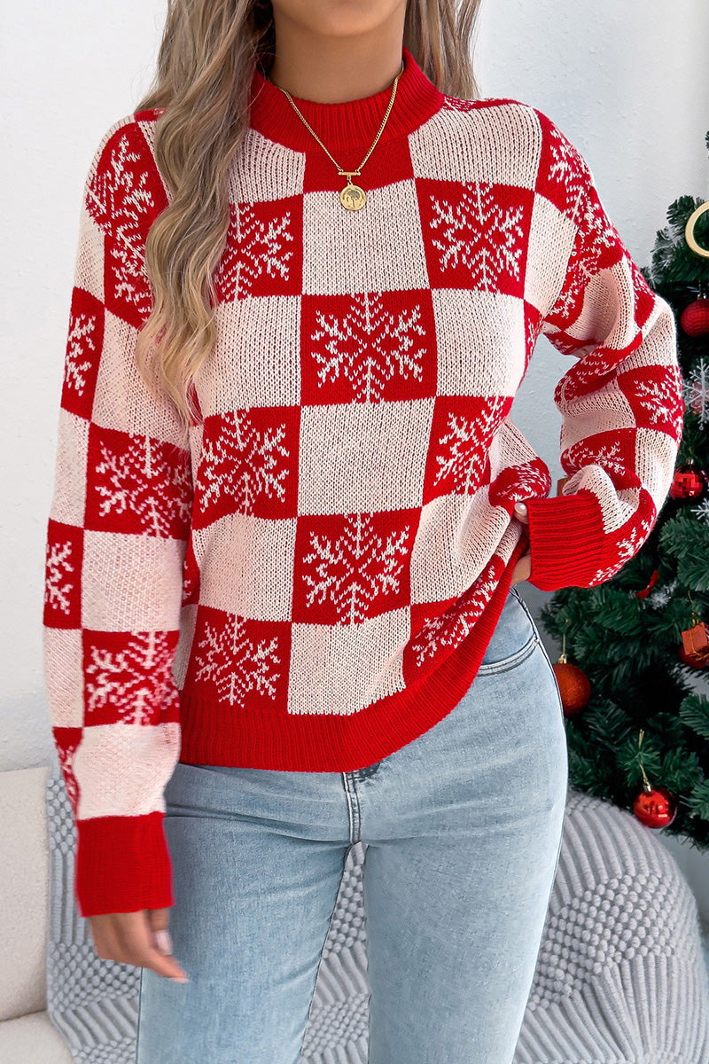 Checkered Snowflake Knit Sweater