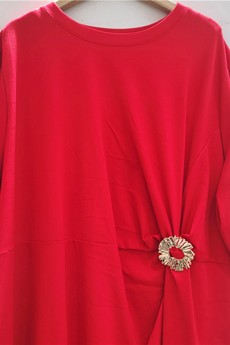 Elegant Ruched Midi Dress with Brooch