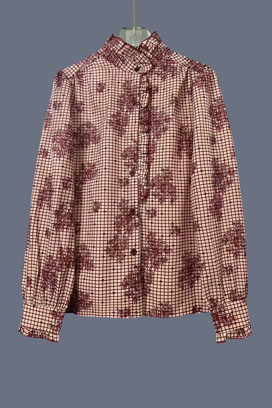 Checkered Print Ruffle Blouse