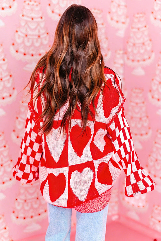 Heart Pattern Checkered Sleeve Sweater